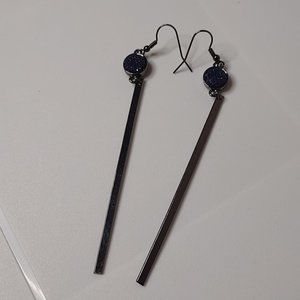 Long Metal And Dark Blue Plastic Dangle Earrings